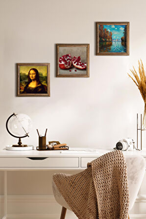 Claude Monet Sonbahar, Leonardo da Vinci Mona Lisa, Nar Taş Duvar Tablosu Ahşap Çerçeveli Duvar Dekoru 3 Parça Tablo Seti Wall Art