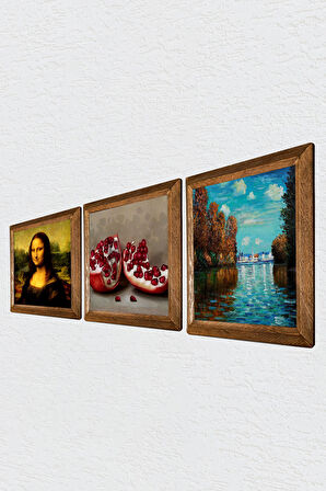 Claude Monet Sonbahar, Leonardo da Vinci Mona Lisa, Nar Taş Duvar Tablosu Ahşap Çerçeveli Duvar Dekoru 3 Parça Tablo Seti Wall Art