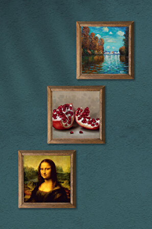 Claude Monet Sonbahar, Leonardo da Vinci Mona Lisa, Nar Taş Duvar Tablosu Ahşap Çerçeveli Duvar Dekoru 3 Parça Tablo Seti Wall Art