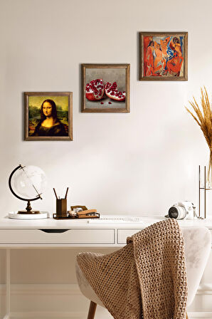 Picasso Avignonlu Kızlar, Leonardo da Vinci Mona Lisa, Nar Taş Duvar Tablosu Ahşap Çerçeveli Duvar Dekoru 3 Parça Tablo Seti Wall Art