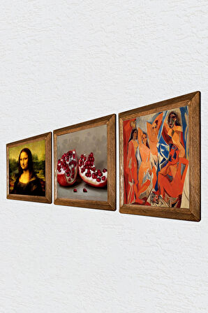 Picasso Avignonlu Kızlar, Leonardo da Vinci Mona Lisa, Nar Taş Duvar Tablosu Ahşap Çerçeveli Duvar Dekoru 3 Parça Tablo Seti Wall Art