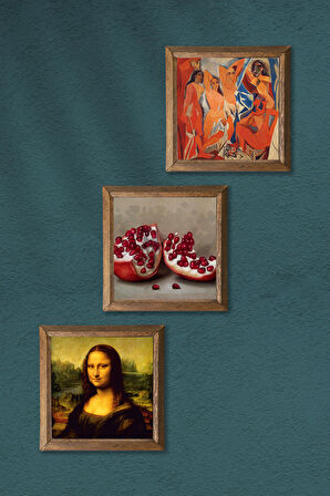 Picasso Avignonlu Kızlar, Leonardo da Vinci Mona Lisa, Nar Taş Duvar Tablosu Ahşap Çerçeveli Duvar Dekoru 3 Parça Tablo Seti Wall Art