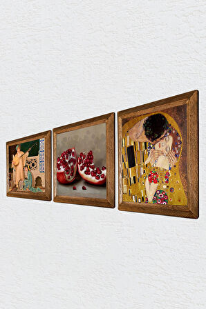 Gustav Klimt Öpücük, İki Müzisyen Kız Tablosu, Nar Taş Duvar Tablosu Ahşap Çerçeveli Duvar Dekoru 3 Parça Tablo Seti Wall Art