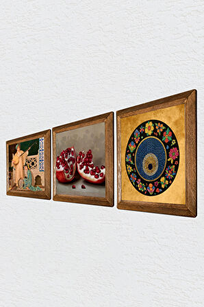 Nazar Boncuğu, İki Müzisyen Kız Tablosu, Nar Taş Duvar Tablosu Ahşap Çerçeveli Duvar Dekoru 3 Parça Tablo Seti Wall Art