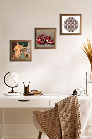 Yaşam Çiçeği, İki Müzisyen Kız Tablosu, Nar Taş Duvar Tablosu Ahşap Çerçeveli Duvar Dekoru 3 Parça Tablo Seti Wall Art