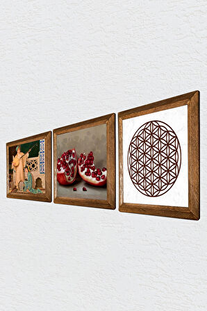 Yaşam Çiçeği, İki Müzisyen Kız Tablosu, Nar Taş Duvar Tablosu Ahşap Çerçeveli Duvar Dekoru 3 Parça Tablo Seti Wall Art
