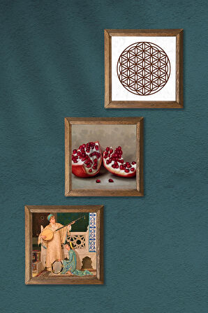 Yaşam Çiçeği, İki Müzisyen Kız Tablosu, Nar Taş Duvar Tablosu Ahşap Çerçeveli Duvar Dekoru 3 Parça Tablo Seti Wall Art