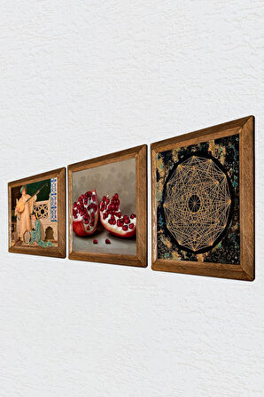 Sri Yantra, İki Müzisyen Kız Tablosu, Nar Taş Duvar Tablosu Ahşap Çerçeveli Duvar Dekoru 3 Parça Tablo Seti Wall Art