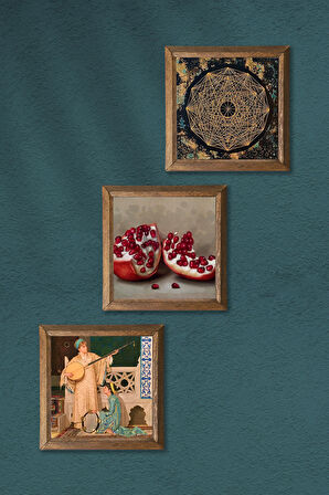 Sri Yantra, İki Müzisyen Kız Tablosu, Nar Taş Duvar Tablosu Ahşap Çerçeveli Duvar Dekoru 3 Parça Tablo Seti Wall Art
