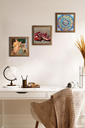 Mandala, İki Müzisyen Kız Tablosu, Nar Taş Duvar Tablosu Ahşap Çerçeveli Duvar Dekoru 3 Parça Tablo Seti Wall Art
