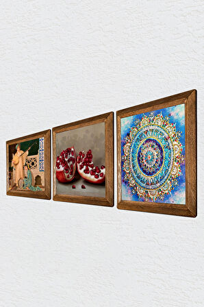 Mandala, İki Müzisyen Kız Tablosu, Nar Taş Duvar Tablosu Ahşap Çerçeveli Duvar Dekoru 3 Parça Tablo Seti Wall Art