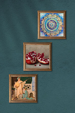 Mandala, İki Müzisyen Kız Tablosu, Nar Taş Duvar Tablosu Ahşap Çerçeveli Duvar Dekoru 3 Parça Tablo Seti Wall Art
