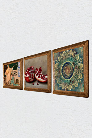 Mandala, İki Müzisyen Kız Tablosu, Nar Taş Duvar Tablosu Ahşap Çerçeveli Duvar Dekoru 3 Parça Tablo Seti Wall Art