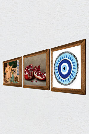 Nazar, İki Müzisyen Kız Tablosu, Nar Taş Duvar Tablosu Ahşap Çerçeveli Duvar Dekoru 3 Parça Tablo Seti Wall Art