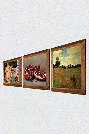 Claude Monet Gelincikler, İki Müzisyen Kız Tablosu, Nar Taş Duvar Tablosu Ahşap Çerçeveli Duvar Dekoru 3 Parça Tablo Seti Wall Art