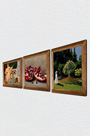 Claude Monet Bahçedeki Kadın, İki Müzisyen Kız, Nar Taş Duvar Tablosu Ahşap Çerçeveli Duvar Dekoru 3 Parça Tablo Seti Wall Art