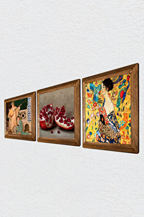 Gustav Klimt Yelpazeli Kadın, İki Müzisyen Kız, Nar Taş Duvar Tablosu Ahşap Çerçeveli Duvar Dekoru 3 Parça Tablo Seti Wall Art