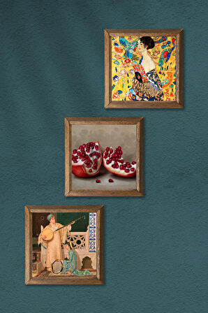 Gustav Klimt Yelpazeli Kadın, İki Müzisyen Kız, Nar Taş Duvar Tablosu Ahşap Çerçeveli Duvar Dekoru 3 Parça Tablo Seti Wall Art