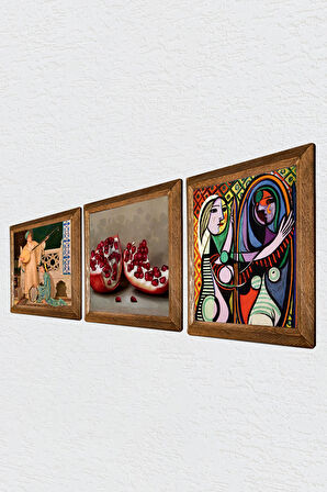 Picasso Ayna Karşısındaki Kız, İki Müzisyen Kız, Nar Taş Duvar Tablosu Ahşap Çerçeveli Duvar Dekoru 3 Parça Tablo Seti Wall Art