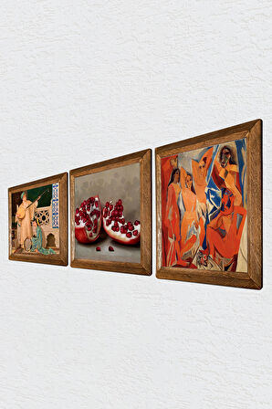 Picasso Avignonlu Kızlar, İki Müzisyen Kız Tablosu, Nar Taş Duvar Tablosu Ahşap Çerçeveli Duvar Dekoru 3 Parça Tablo Seti Wall Art
