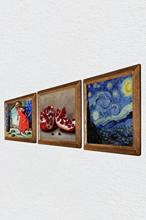 Van Gogh Yıldızlı Gece, Kaplumbağa Terbiyecisi, Nar Taş Duvar Tablosu Ahşap Çerçeveli Duvar Dekoru 3 Parça Tablo Seti Wall Art