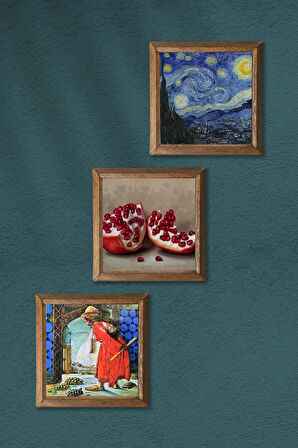 Van Gogh Yıldızlı Gece, Kaplumbağa Terbiyecisi, Nar Taş Duvar Tablosu Ahşap Çerçeveli Duvar Dekoru 3 Parça Tablo Seti Wall Art