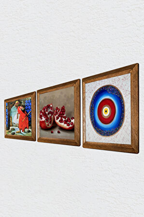 Nazar, Kaplumbağa Terbiyecisi, Nar Taş Duvar Tablosu Ahşap Çerçeveli Duvar Dekoru 3 Parça Tablo Seti Wall Art