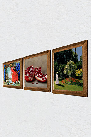 Claude Monet Bahçedeki Kadın, Kaplumbağa Terbiyecisi, Nar Taş Duvar Tablosu Ahşap Çerçeveli Duvar Dekoru 3 Parça Tablo Seti Wall Art