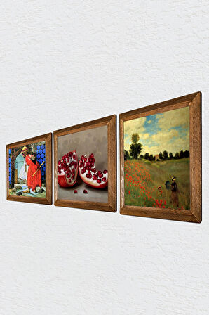 Claude Monet Gelincikler, Kaplumbağa Terbiyecisi, Nar Taş Duvar Tablosu Ahşap Çerçeveli Duvar Dekoru 3 Parça Tablo Seti Wall Art