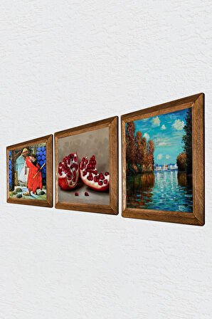 Claude Monet Sonbahar, Kaplumbağa Terbiyecisi, Nar Taş Duvar Tablosu Ahşap Çerçeveli Duvar Dekoru 3 Parça Tablo Seti Wall Art