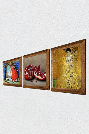 Gustav Klimt Bauer'in Portresi, Kaplumbağa Terbiyecisi, Nar Taş Duvar Tablosu Ahşap Çerçeveli Duvar Dekoru 3 Parça Tablo Seti Wall Art