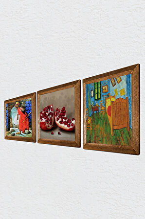 Van Gogh Yatak Odası, Kaplumbağa Terbiyecisi, Nar Taş Duvar Tablosu Ahşap Çerçeveli Duvar Dekoru 3 Parça Tablo Seti Wall Art