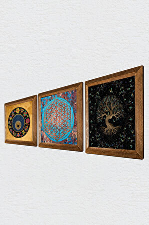 Yaşam Çiçeği, Hayat Ağacı, Nazar Taş Duvar Tablosu Ahşap Çerçeveli Duvar Dekoru 3 Parça Tablo Seti Wall Art