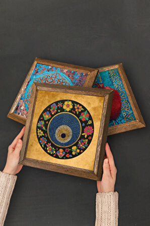 Yaşam Çiçeği, Hayat Ağacı, Nazar Taş Duvar Tablosu Ahşap Çerçeveli Duvar Dekoru 3 Parça Tablo Seti Wall Art