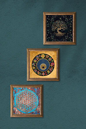 Yaşam Çiçeği, Hayat Ağacı, Nazar Taş Duvar Tablosu Ahşap Çerçeveli Duvar Dekoru 3 Parça Tablo Seti Wall Art