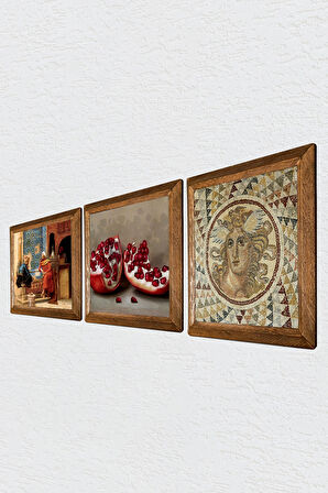 Mozaik Serisi, Satranç Oyunu, Nar Taş Duvar Tablosu Ahşap Çerçeveli Duvar Dekoru 3 Parça Tablo Seti Wall Art