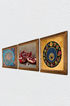 Yaşam Çiçeği, Nazar Boncuğu, Nar Taş Duvar Tablosu Ahşap Çerçeveli Duvar Dekoru 3 Parça Tablo Seti Wall Art