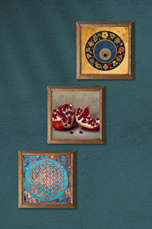 Yaşam Çiçeği, Nazar Boncuğu, Nar Taş Duvar Tablosu Ahşap Çerçeveli Duvar Dekoru 3 Parça Tablo Seti Wall Art