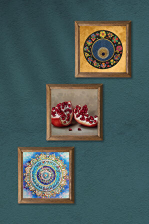 Mandala, Nazar, Nar Taş Duvar Tablosu Ahşap Çerçeveli Duvar Dekoru 3 Parça Tablo Seti Wall Art