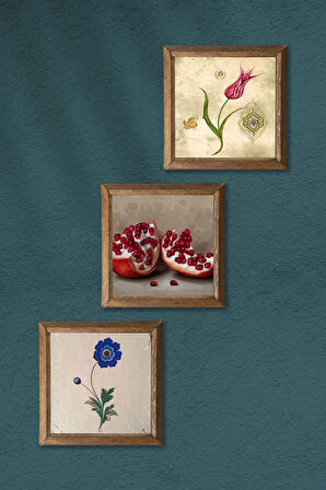 Ebru Sanatı, Lale, Nar Taş Duvar Tablosu Ahşap Çerçeveli Duvar Dekoru 3 Parça Tablo Seti Wall Art