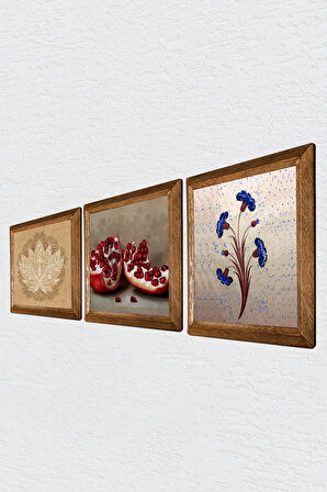 Ebru Sanatı, Lotus Çiçeği, Nar Taş Duvar Tablosu Ahşap Çerçeveli Duvar Dekoru 3 Parça Tablo Seti Wall Art