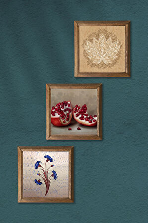 Ebru Sanatı, Lotus Çiçeği, Nar Taş Duvar Tablosu Ahşap Çerçeveli Duvar Dekoru 3 Parça Tablo Seti Wall Art