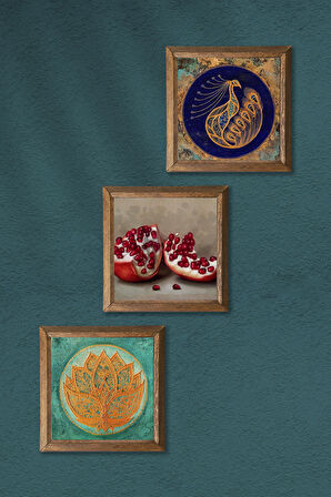 Lotus Çiçeği, Tavus Kuşu, Nar Taş Duvar Tablosu Ahşap Çerçeveli Duvar Dekoru 3 Parça Tablo Seti Wall Art