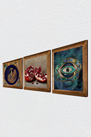 Nazar, Tavus Kuşu, Nar Taş Duvar Tablosu Ahşap Çerçeveli Duvar Dekoru 3 Parça Tablo Seti Wall Art