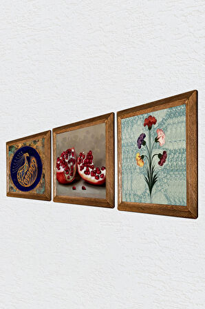 Ebru Sanatı, Tavus Kuşu, Nar Taş Duvar Tablosu Ahşap Çerçeveli Duvar Dekoru 3 Parça Tablo Seti Wall Art