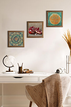 Mandala, Lotus Çiçeği, Nar Taş Duvar Tablosu Ahşap Çerçeveli Duvar Dekoru 3 Parça Tablo Seti Wall Art