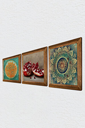 Mandala, Lotus Çiçeği, Nar Taş Duvar Tablosu Ahşap Çerçeveli Duvar Dekoru 3 Parça Tablo Seti Wall Art