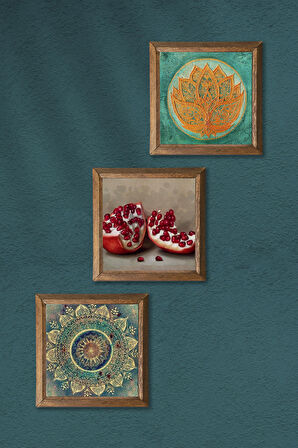 Mandala, Lotus Çiçeği, Nar Taş Duvar Tablosu Ahşap Çerçeveli Duvar Dekoru 3 Parça Tablo Seti Wall Art