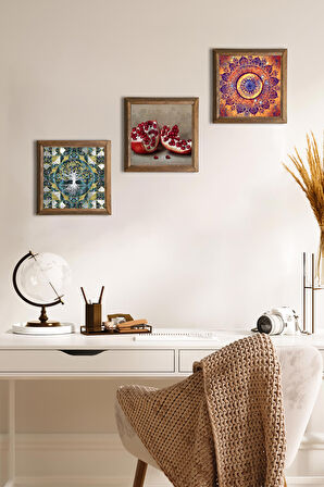 Hayat Ağacı, Mandala, Nar Taş Duvar Tablosu Ahşap Çerçeveli Duvar Dekoru 3 Parça Tablo Seti Wall Art