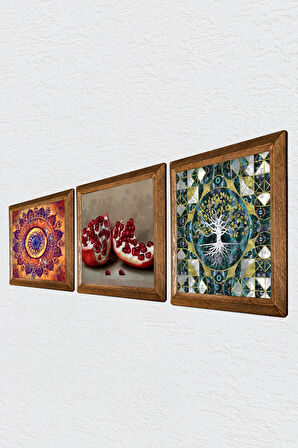 Hayat Ağacı, Mandala, Nar Taş Duvar Tablosu Ahşap Çerçeveli Duvar Dekoru 3 Parça Tablo Seti Wall Art